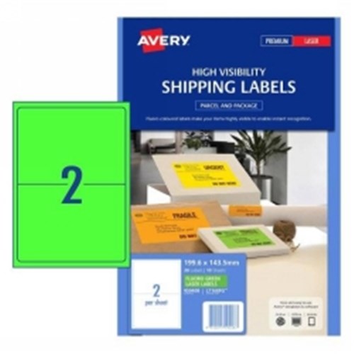 AVERY LABELS HI VIS SHIPPING Flouro Green 2Up 10 sheets